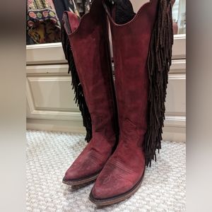 LIBERTY BLACK Ophelia ROJO Red and Brown Fringe Leather Cowboy Boots size 8
